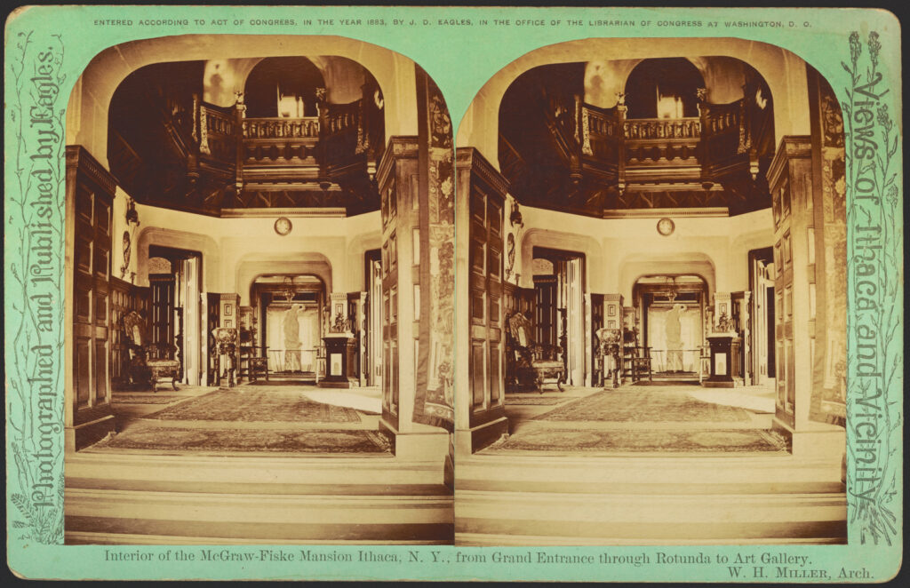 stereo card view of the interior of the McGraw-Fiske mansion, showing the grand entrance and view through the rotunda to the art gallery
