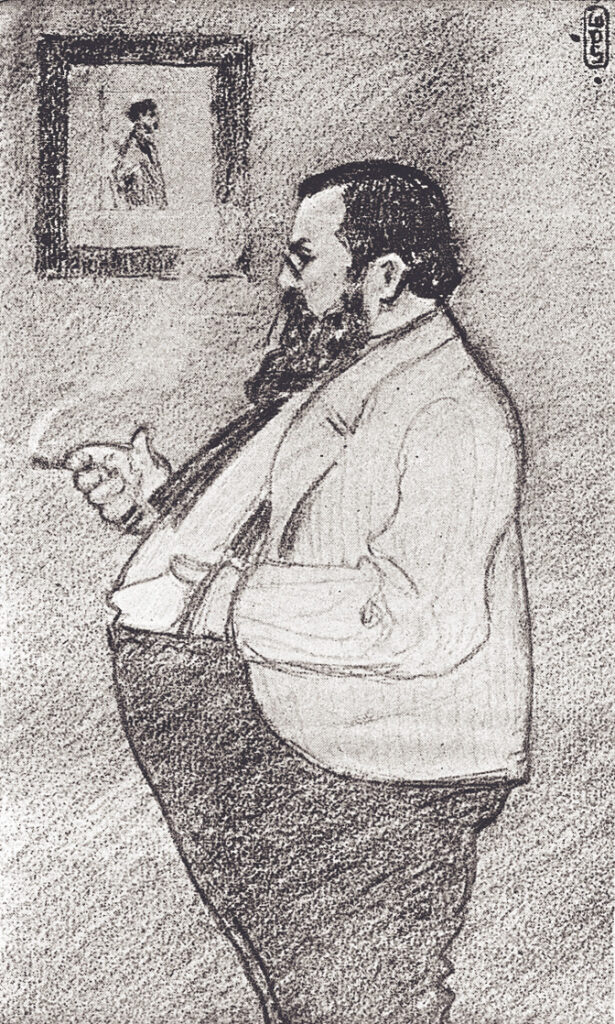 A black and white drawing of a portly man smoking.