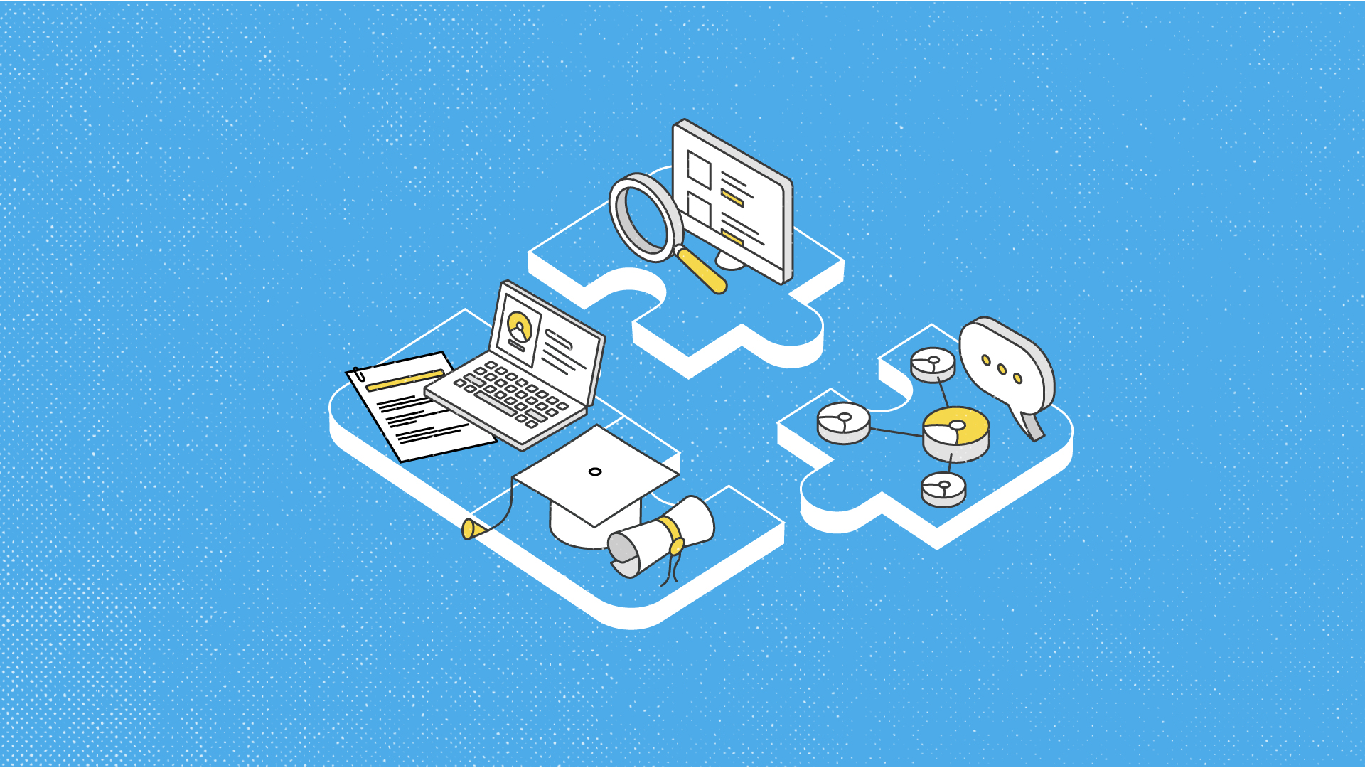 An illustration on a blue background of puzzle pieces and icons representing school and work