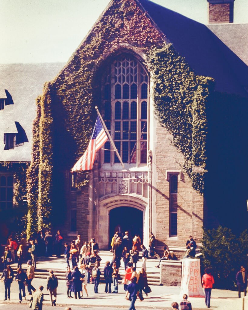 front entrance of Willard Straight Hall and "the Stump," early 1970s