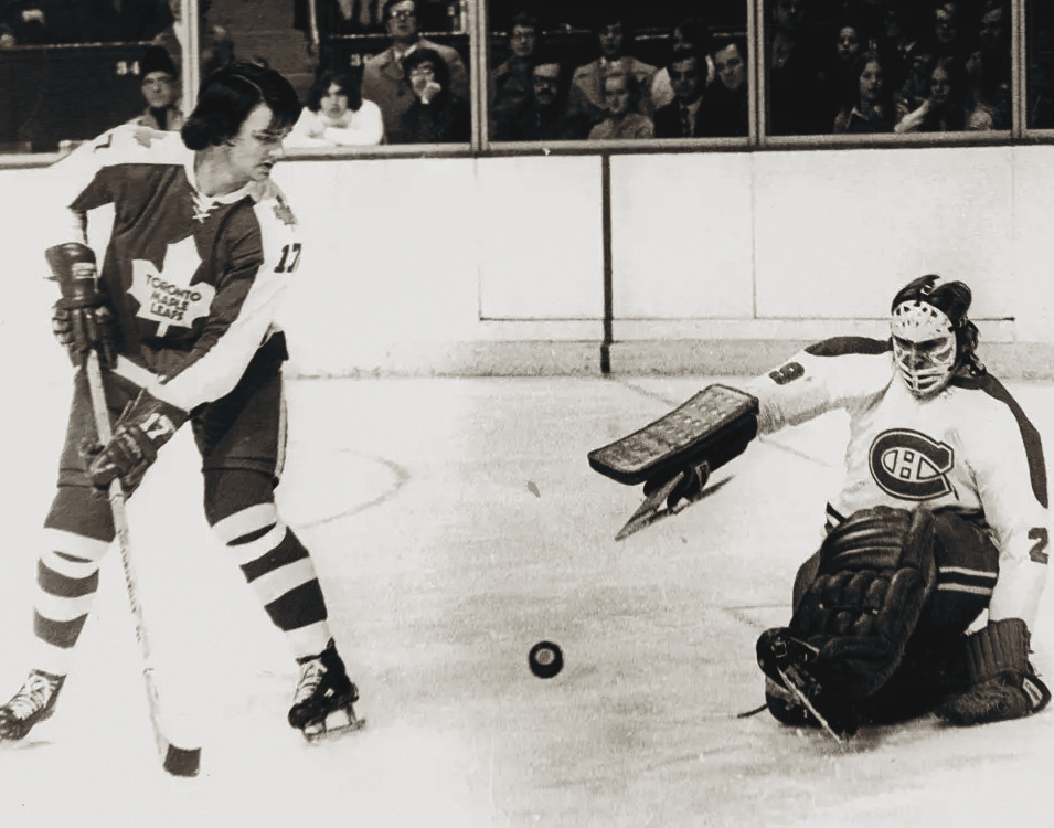 Goalie Ken Dryden makes a save for the Montréal Canadiens during a game against the Toronto Maple Leafs