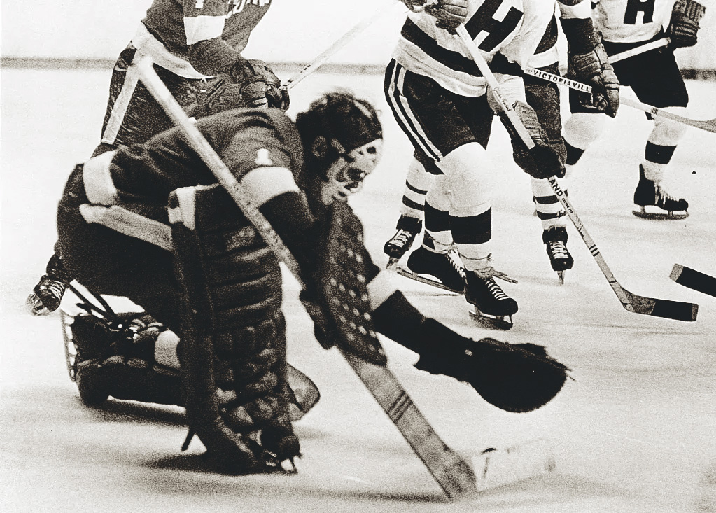 Ken Dryden as goaltender in action on the ice for the Big Red in an undated photo