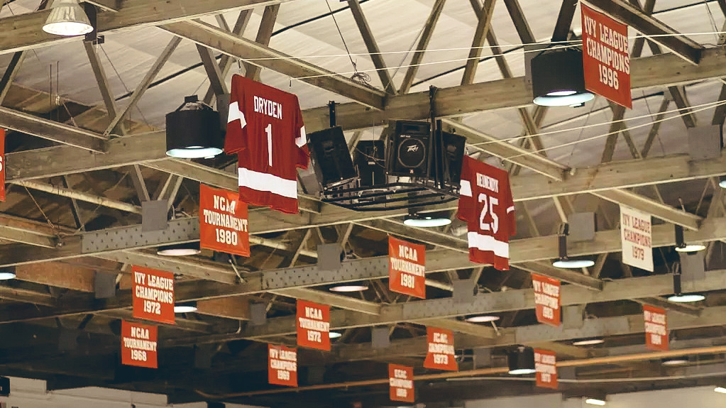 Ken Dryden's retired No. 1 sweater hangs in the Lynah Rink rafters alongside the No. 25 sweater of fellow Hockey Hall of Famer Joe Nieuwendyk ’88