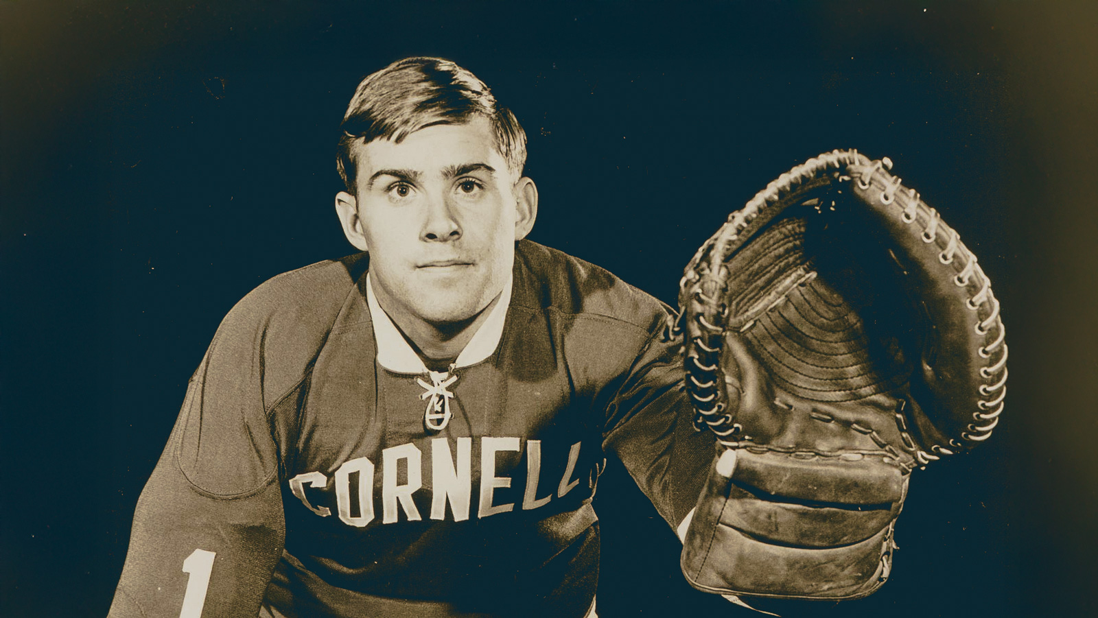 a publicity photo of Ken Dryden as goalie for the Big Red men's hockey team in the late 1960s