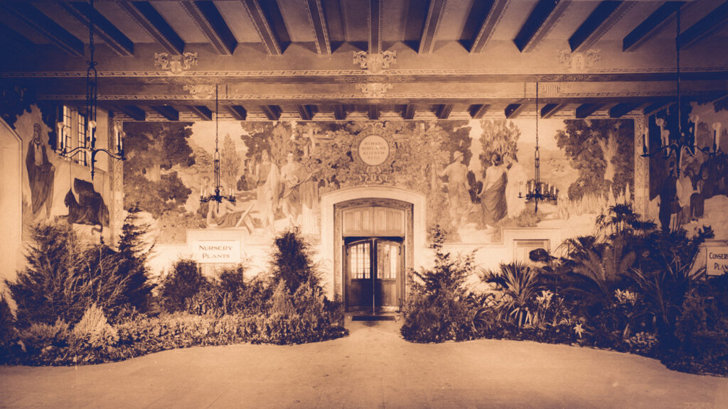 a botanical display inside the Willard Straight Hall lobby, late 1920s or early 1930s