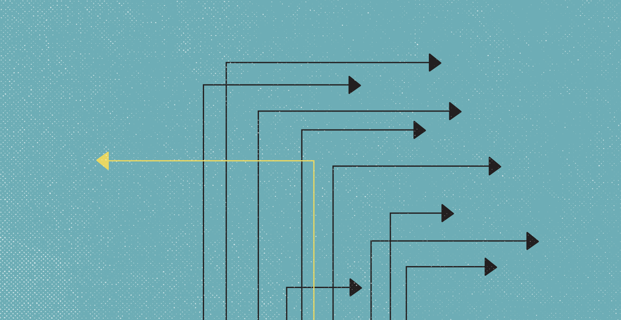 An illustration on a blue background of black arrows all turning right, with one yellow arrow turning left