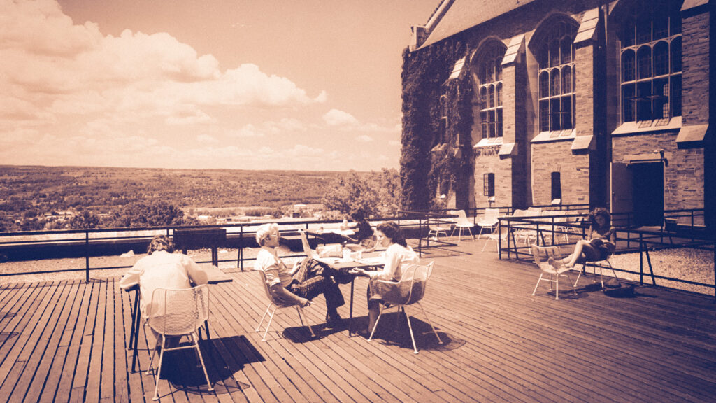 view of the Willard Straight Hall terrace, 1970s