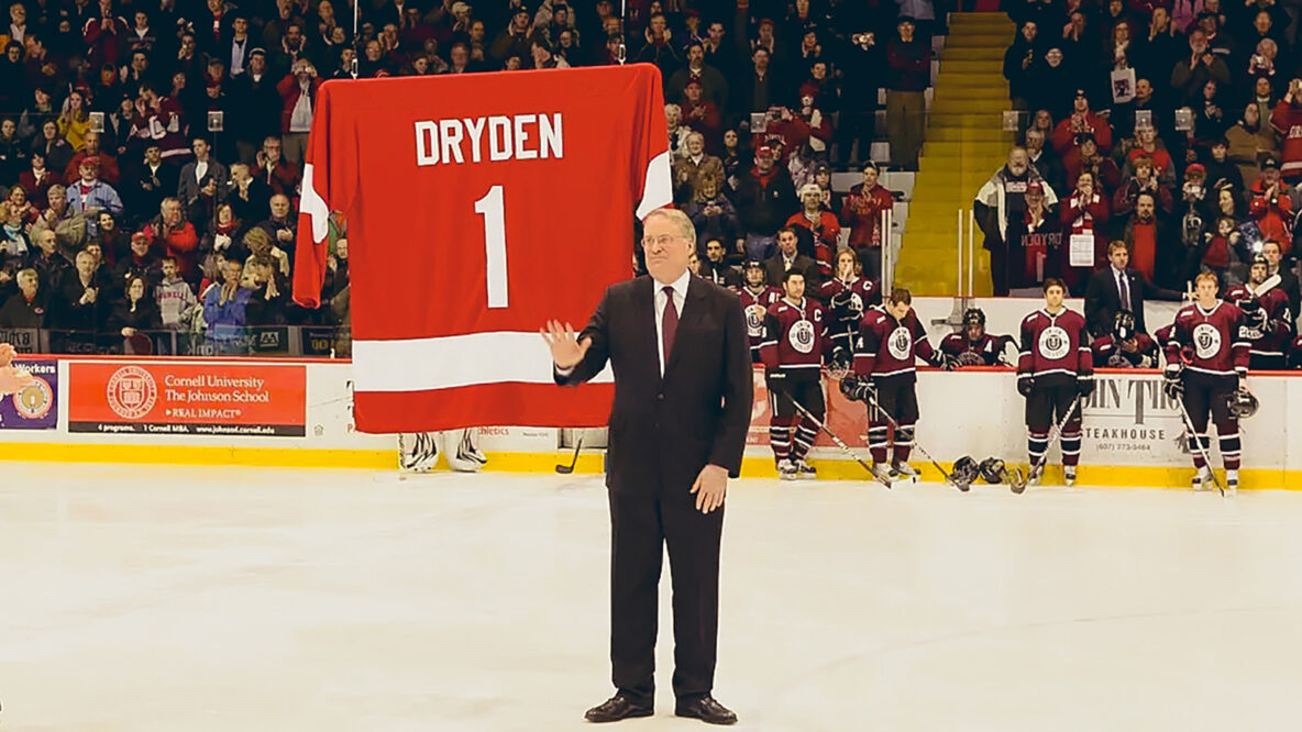 Ken Dryden waves to a Lynah Rink crowd in 2007 during the ceremony to retire his No. 1 sweater for the Big Red