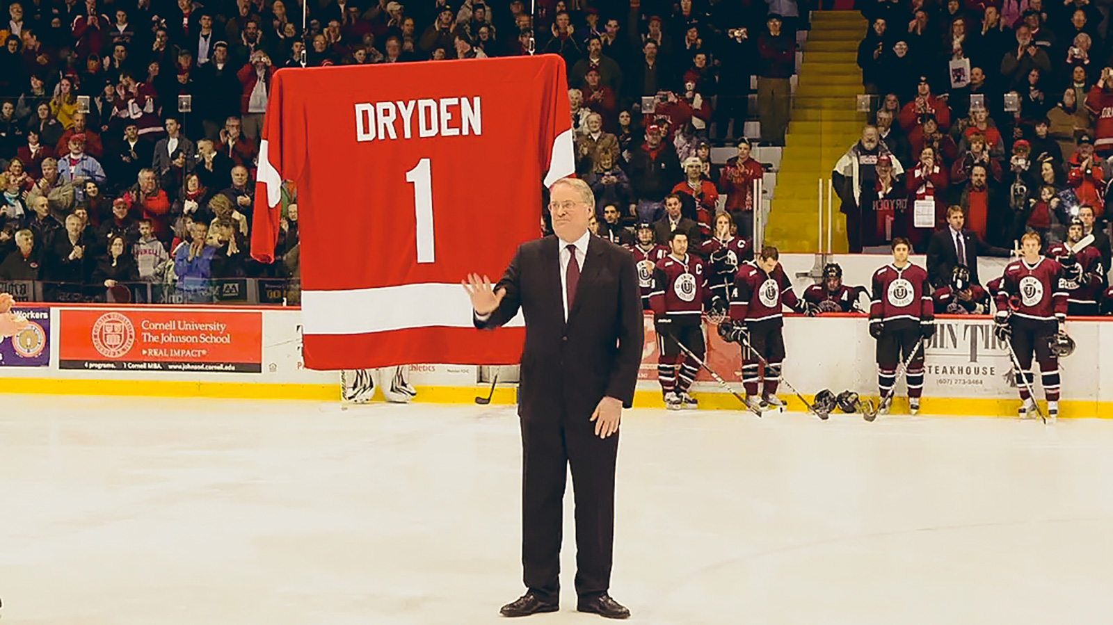 Ken Dryden waves to a Lynah Rink crowd in 2007 during the ceremony to retire his No. 1 sweater for the Big Red