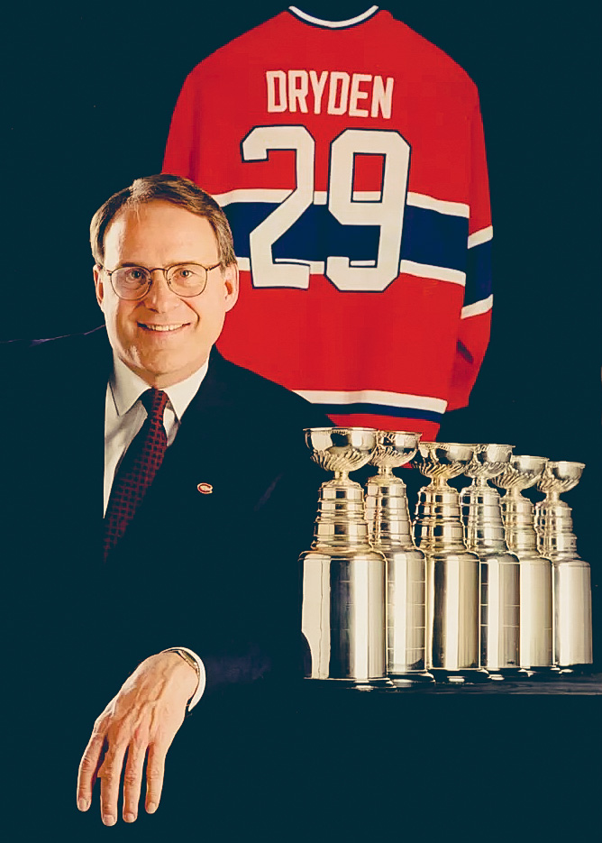 Ken Dryden poses with his six Stanley Cups and his No. 29 Montréal Canadiens sweater in an undated photo