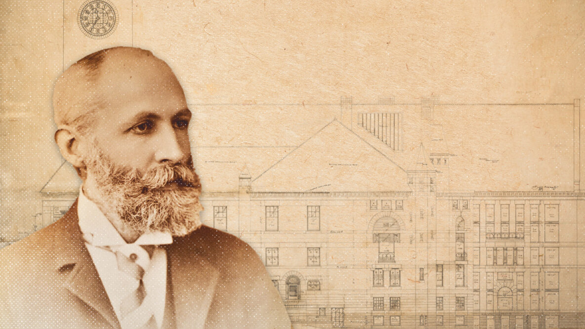 William Henry Miller in front of an architectural rendering of McGraw Tower and Uris Library