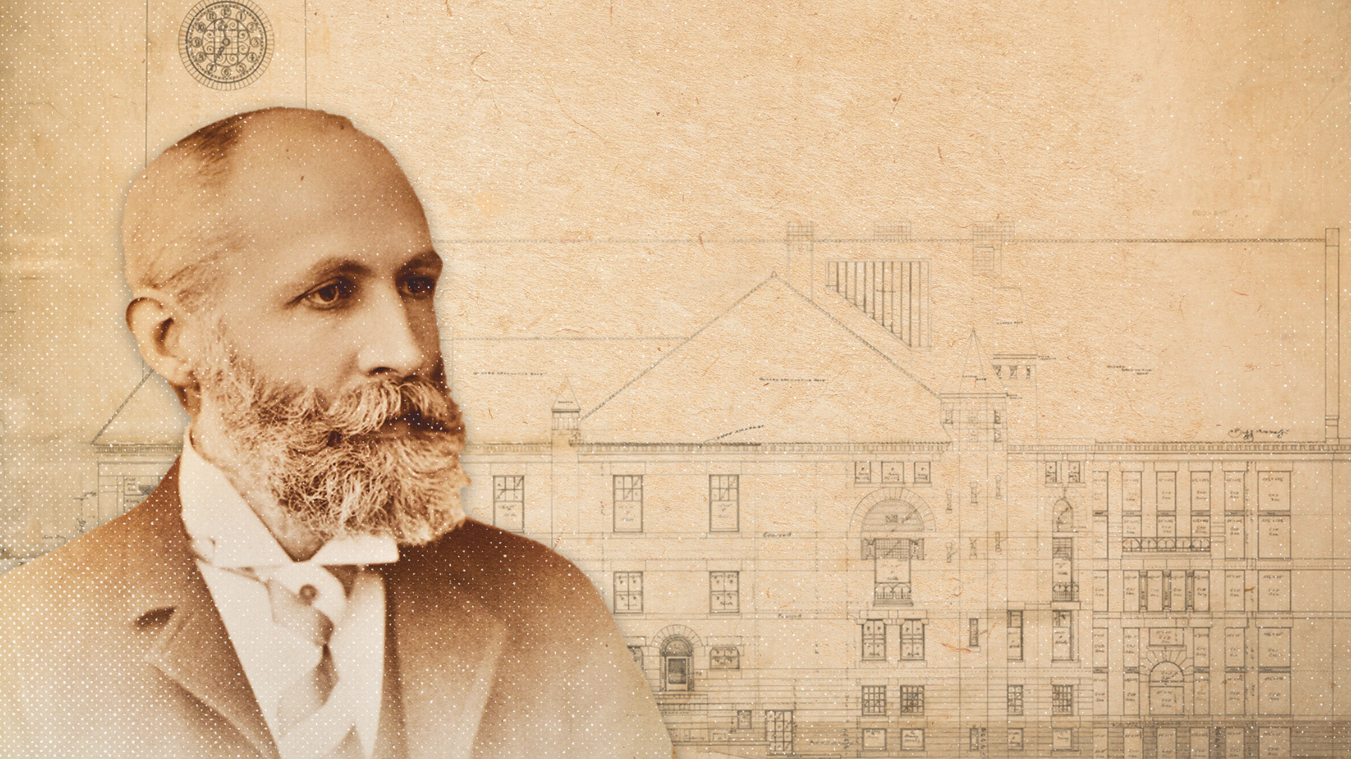 William Henry Miller in front of an architectural rendering of McGraw Tower and Uris Library