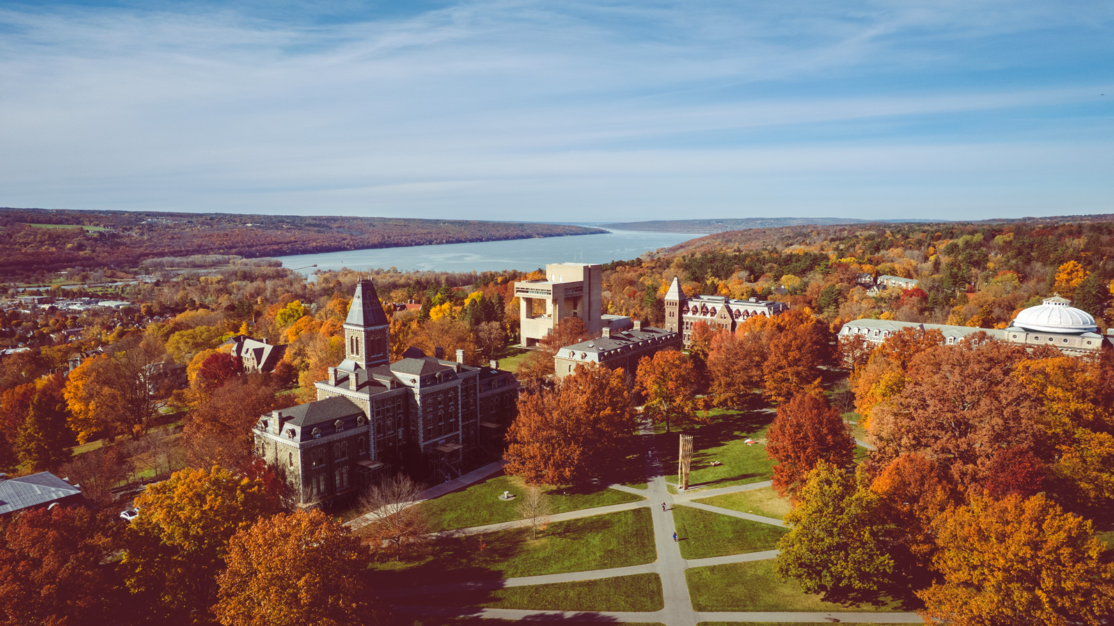 Aerial view of campus in autumn