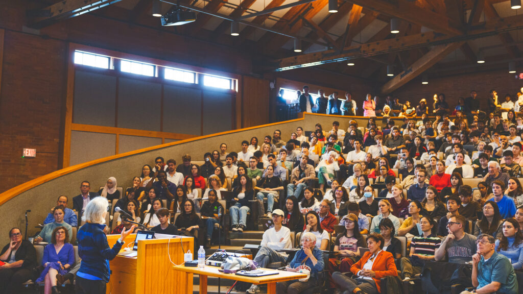Claudia Goldin ’67 speaks to a packed lecture hall during the George Staller Lecture series in Rockefeller Hall on Thursday, September 25, 2025. (Ryan Young / Cornell University)