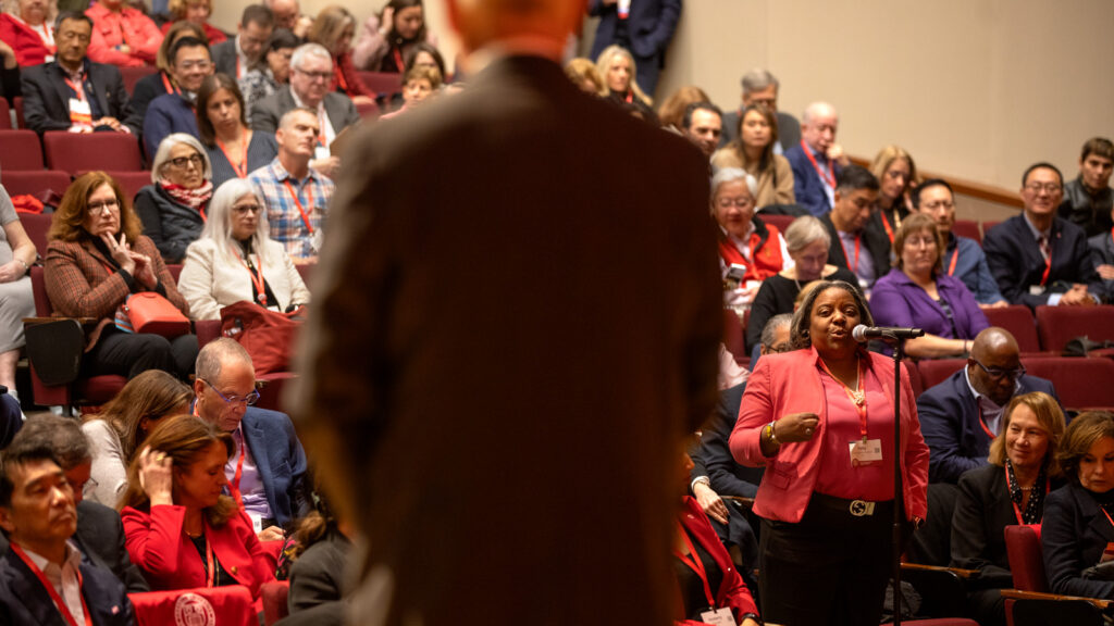 Patricia J. Grant ’95 asks a question following the annual State of the University address during the Trustee Council Annual Meeting, Oct. 24, 2025, in Call Auditorium.