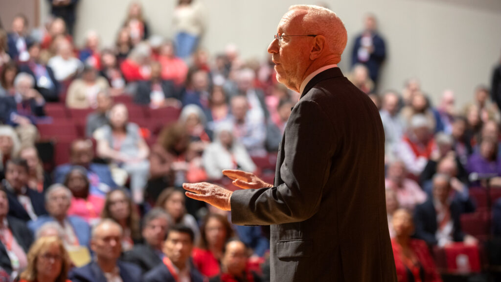 President Michael I. Kotlikoff answers questions following the annual State of the University address during the Trustee Council Annual Meeting, Oct. 24, 2025, in Call Auditorium.