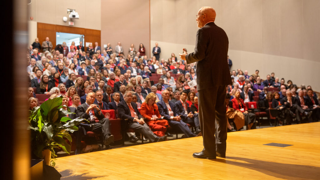 President Michael I. Kotlikoff answers questions following the annual State of the University address during the Trustee Council Annual Meeting, Oct. 24, 2025, in Call Auditorium.