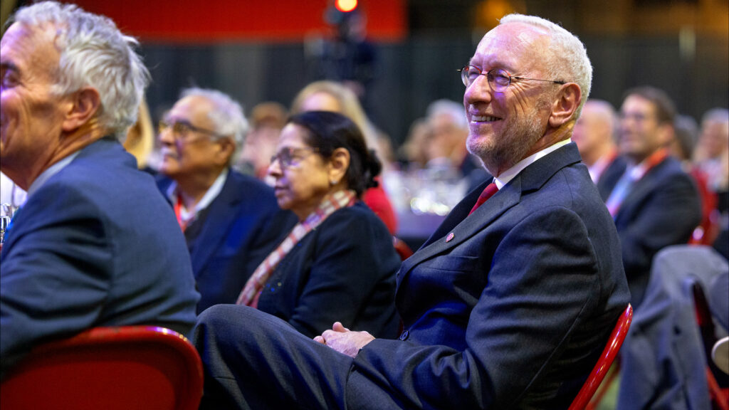 President Michael Kotlikoff smiles in Barton Hall during remarks at his inauguration ceremony