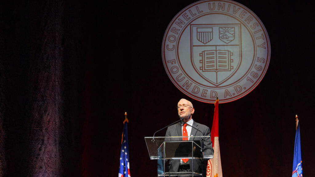 Michael Kotlikoff delivers his inaugural address to a Barton Hall audience following his investiture as Cornell University's 15th president