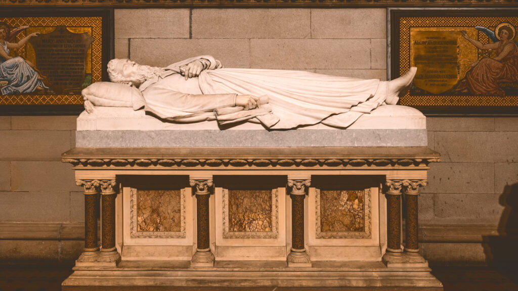 Ezra Cornell's sarcophagus in the Sage Chapel memorial antechapel