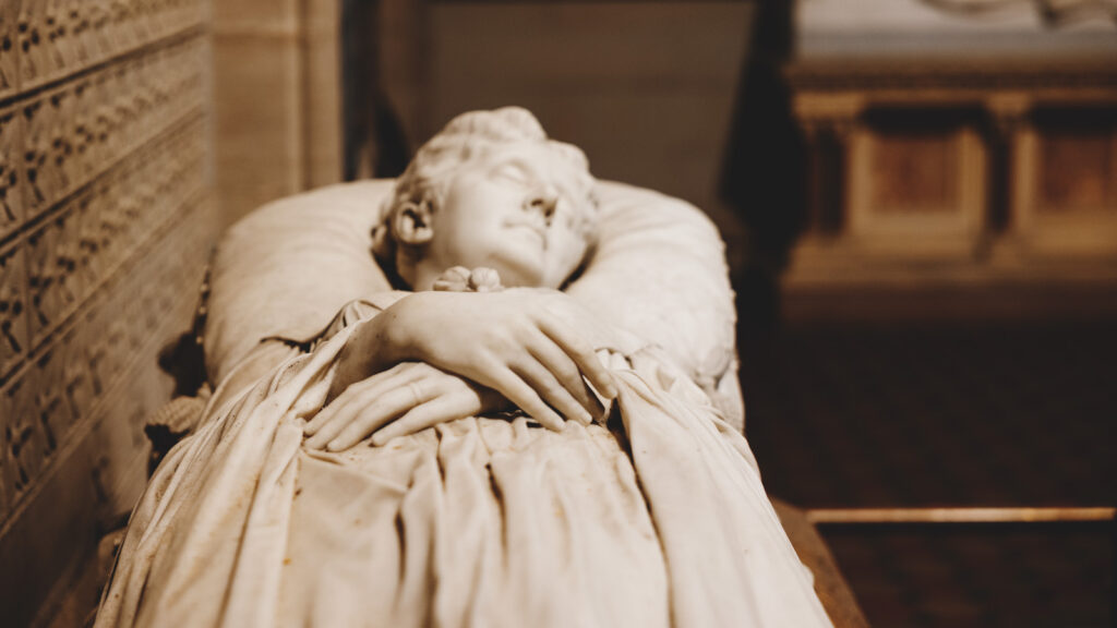 detail view of the sarcophagus of Mary O. White, Andrew D. White's first wife, in the Sage Chapel memorial antechapel