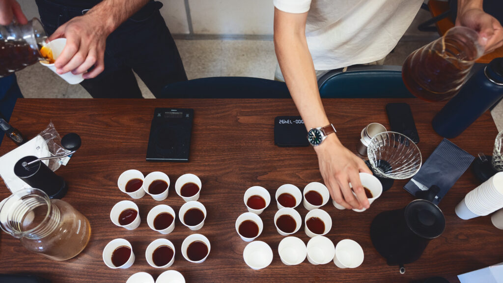 Coffee samples in small white cups are laid out on a table.