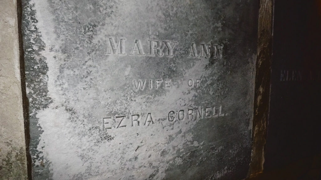 The tablet marking the vault of Ezra Cornell's wife, Mary Ann Cornell, in the below-ground crypt at the Sage Chapel memorial antechapel