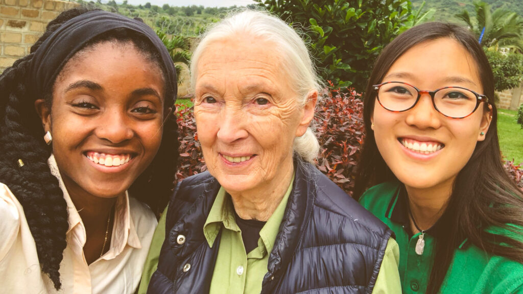 Jane Goodall with two Cornell students