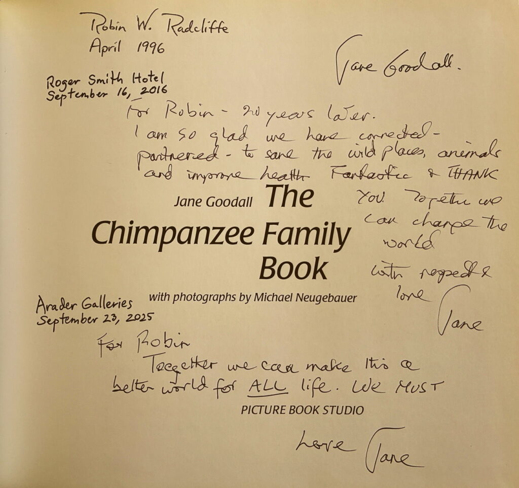 The title page of "The Chimpanzee Family Book" inscribed to Robin Radcliffe from Jane Goodall
