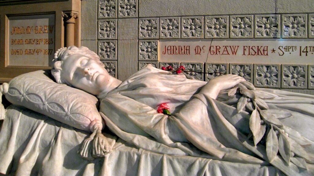detail view of the sarcophagus of Jennie McGraw Fiske in the Sage Chapel memorial antechapel