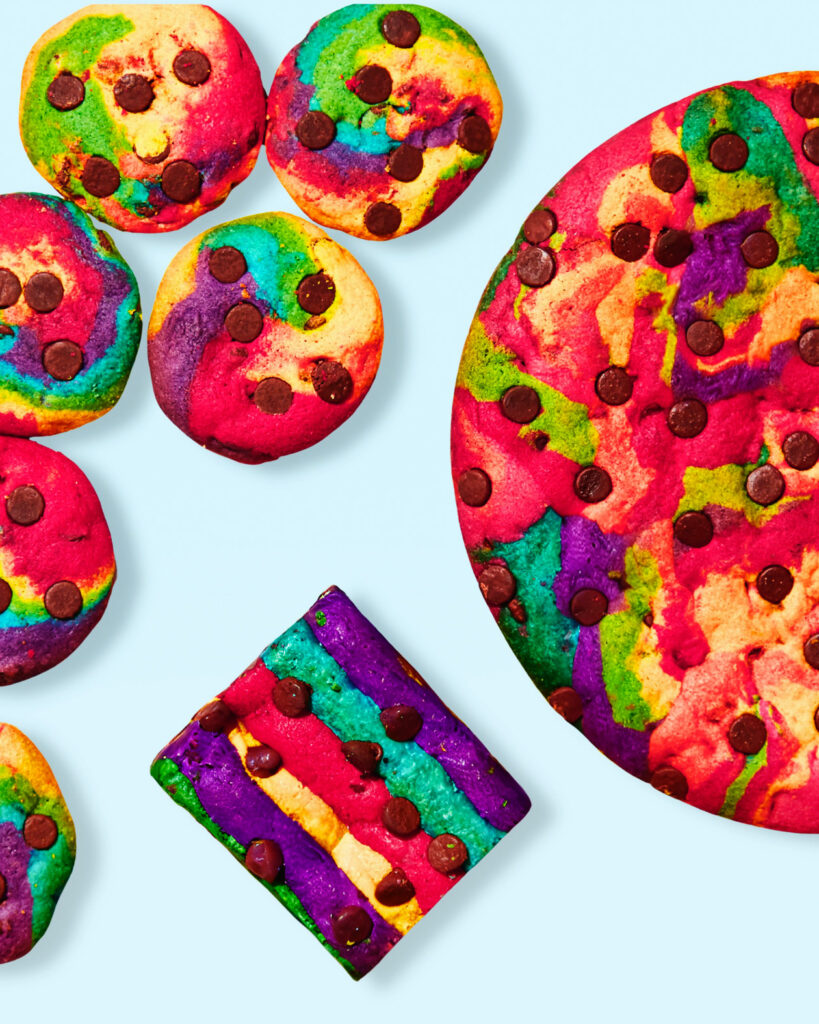 Rainbow chocolate chip cookies and a brookie together.