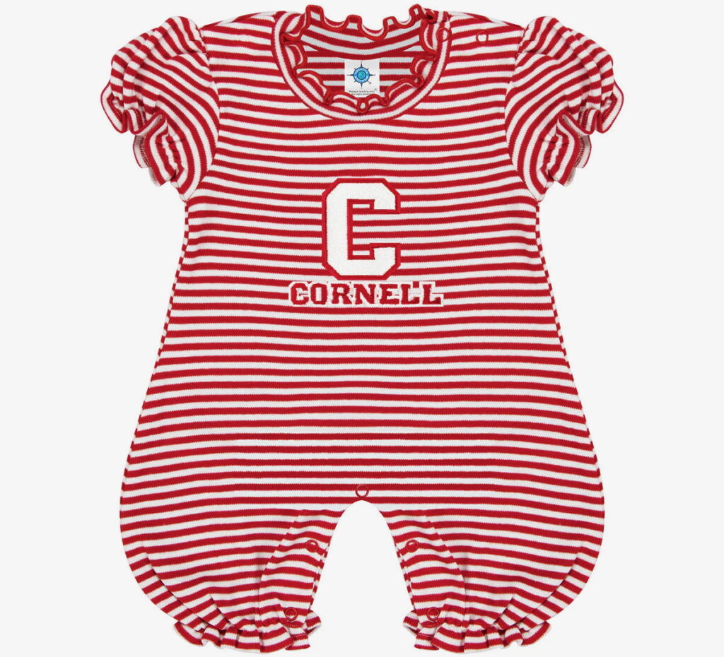 A red striped baby onesie with the Cornell logo