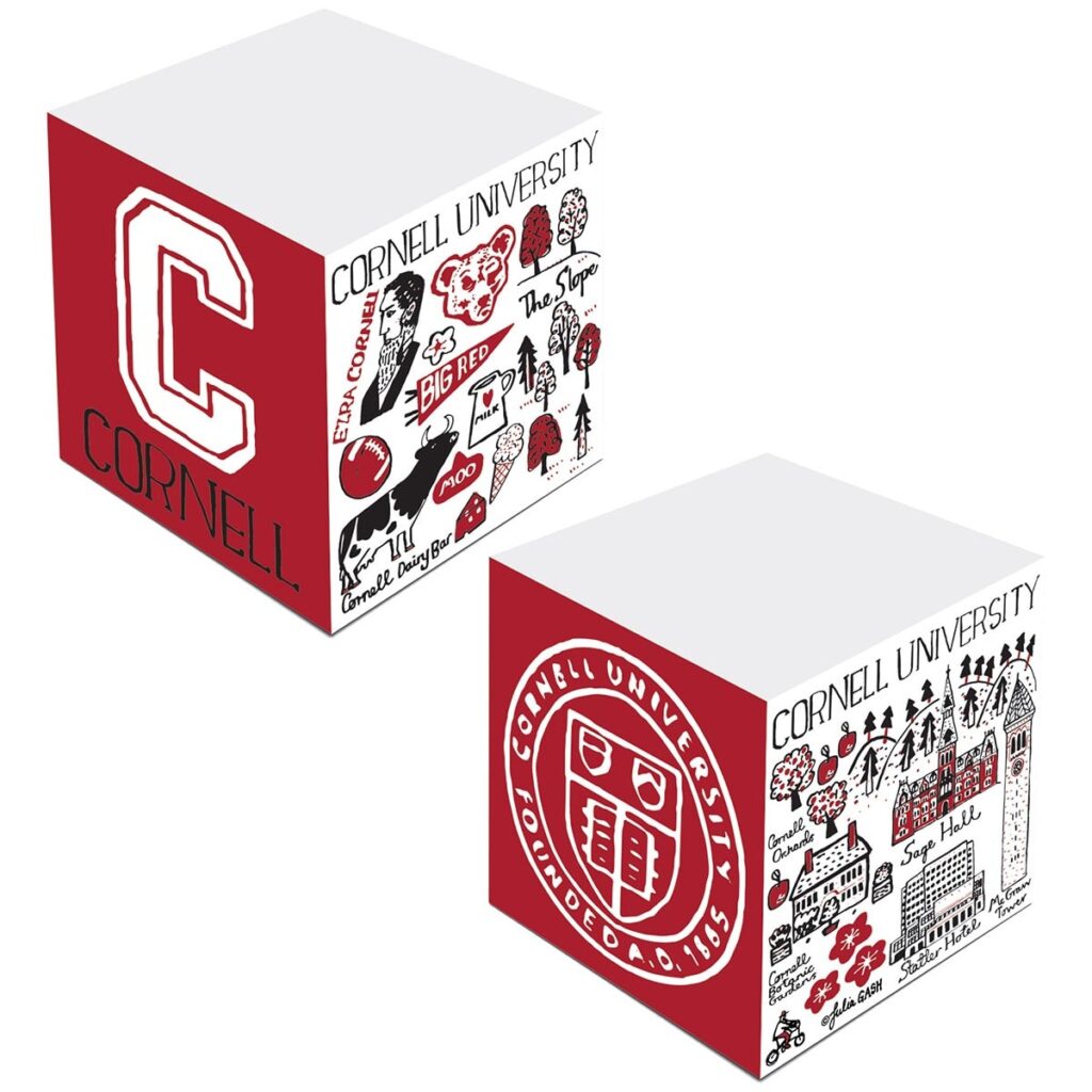 Two blocks with varying Cornell logos, landmarks, and drawings including cows, ice creams, and the Slope on the different sides.