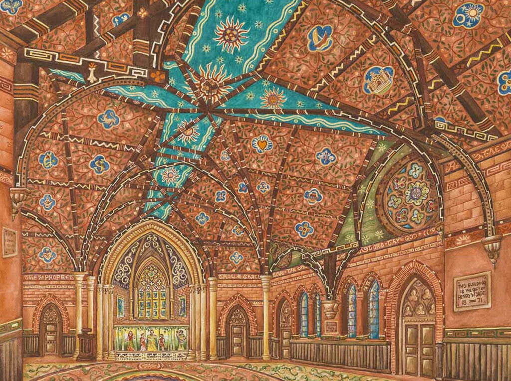 An intricate painting of the inside of Sage Chapel, turned into a puzzle image for sale.