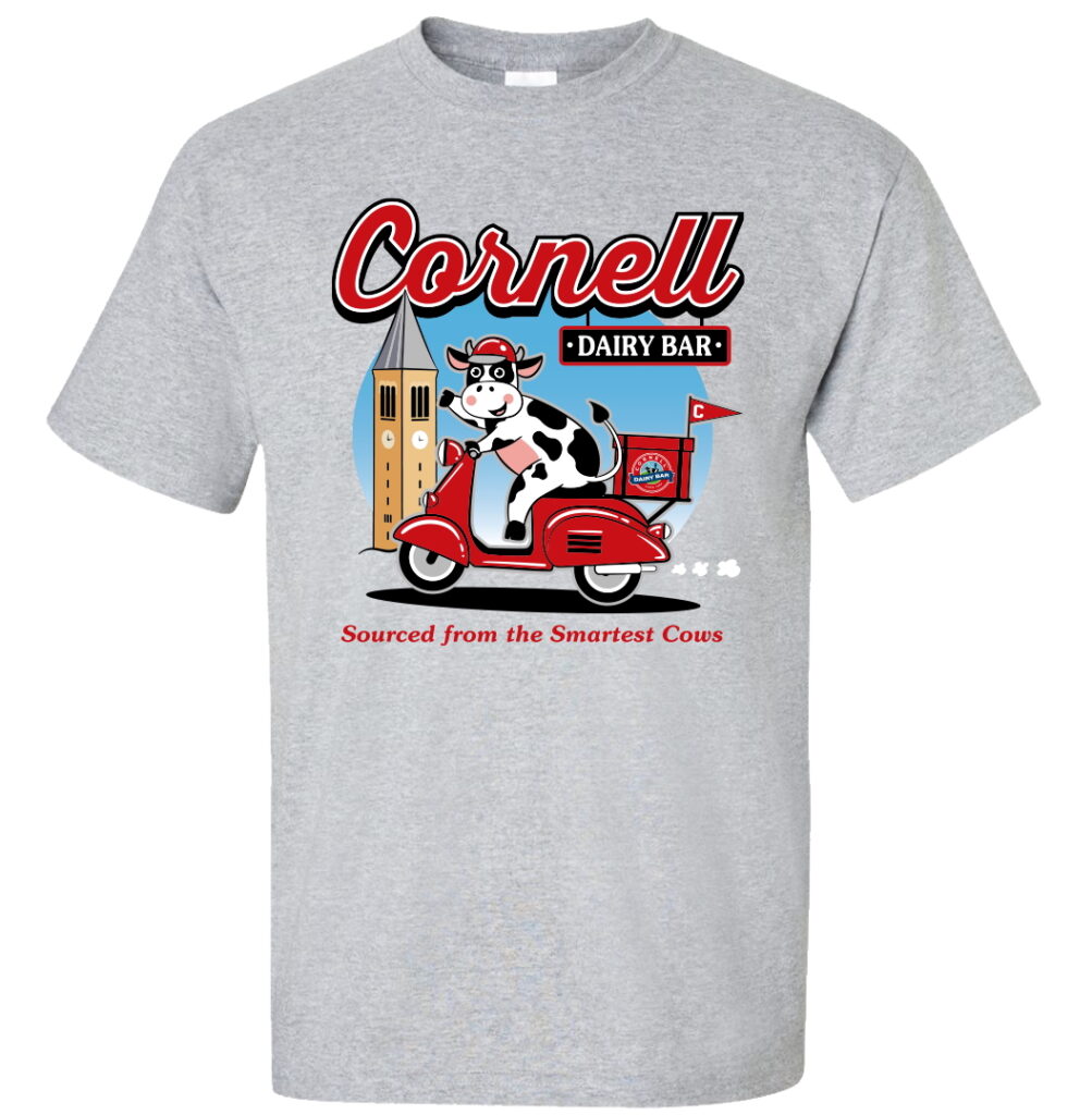 A gray Cornell Dairy Bar shirt with writing that says "Sourced from the Smartest Cows."