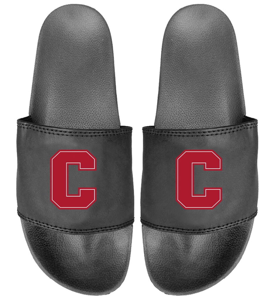 Black slide shoes with red Cornell logos on each shoe.