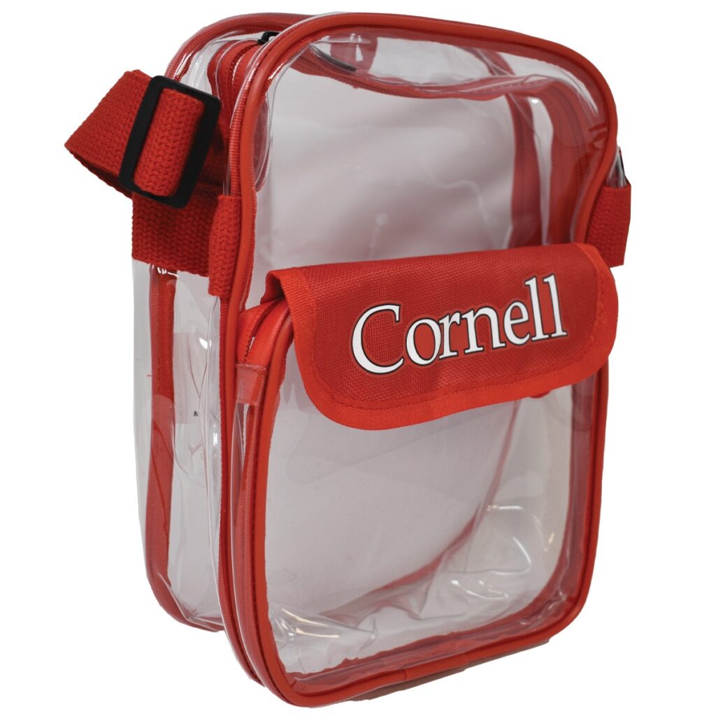 A clear fanny/side pack with red trim that says "Cornell" across the front.