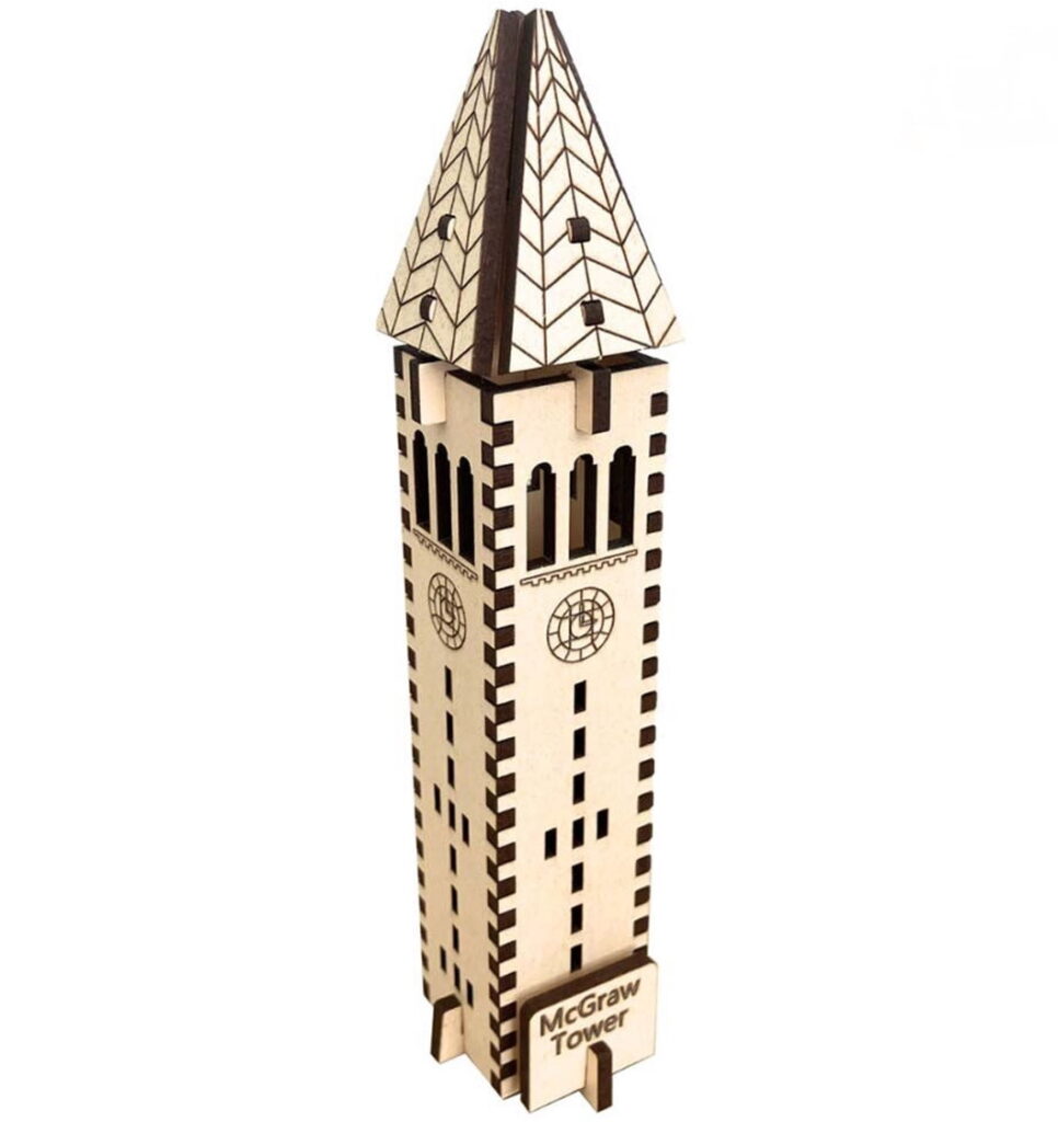 A 3D wooden figure of McGraw Tower.