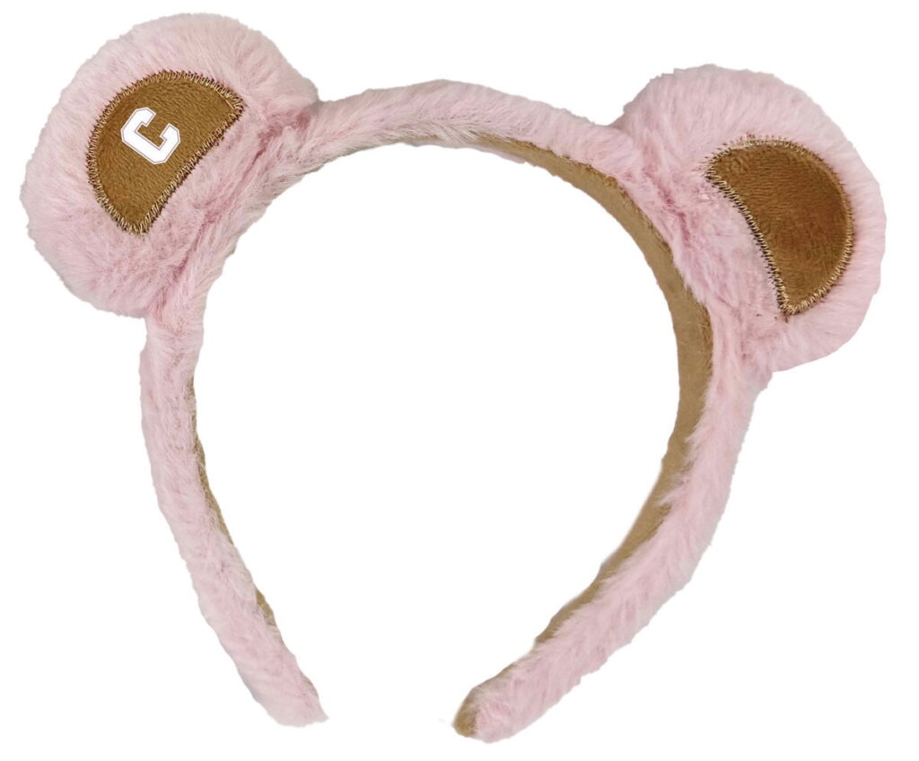 A pink fuzzy bear ear headband with the Cornell "C" logo on one ear.