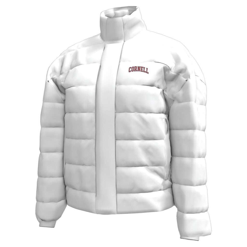 A white puffy coat with Cornell written on it in red on the left chest area.