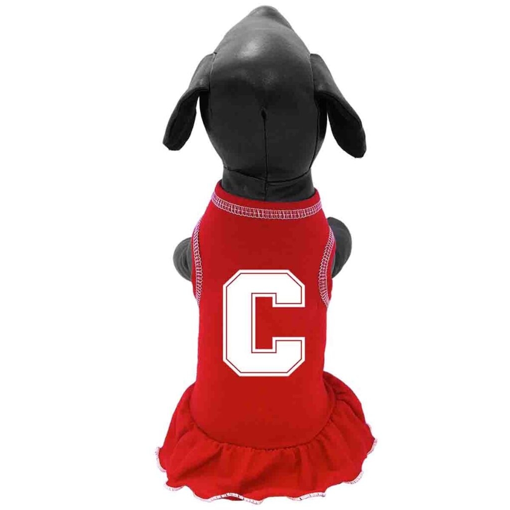 A red cheerleader dress for a dog with a C on it