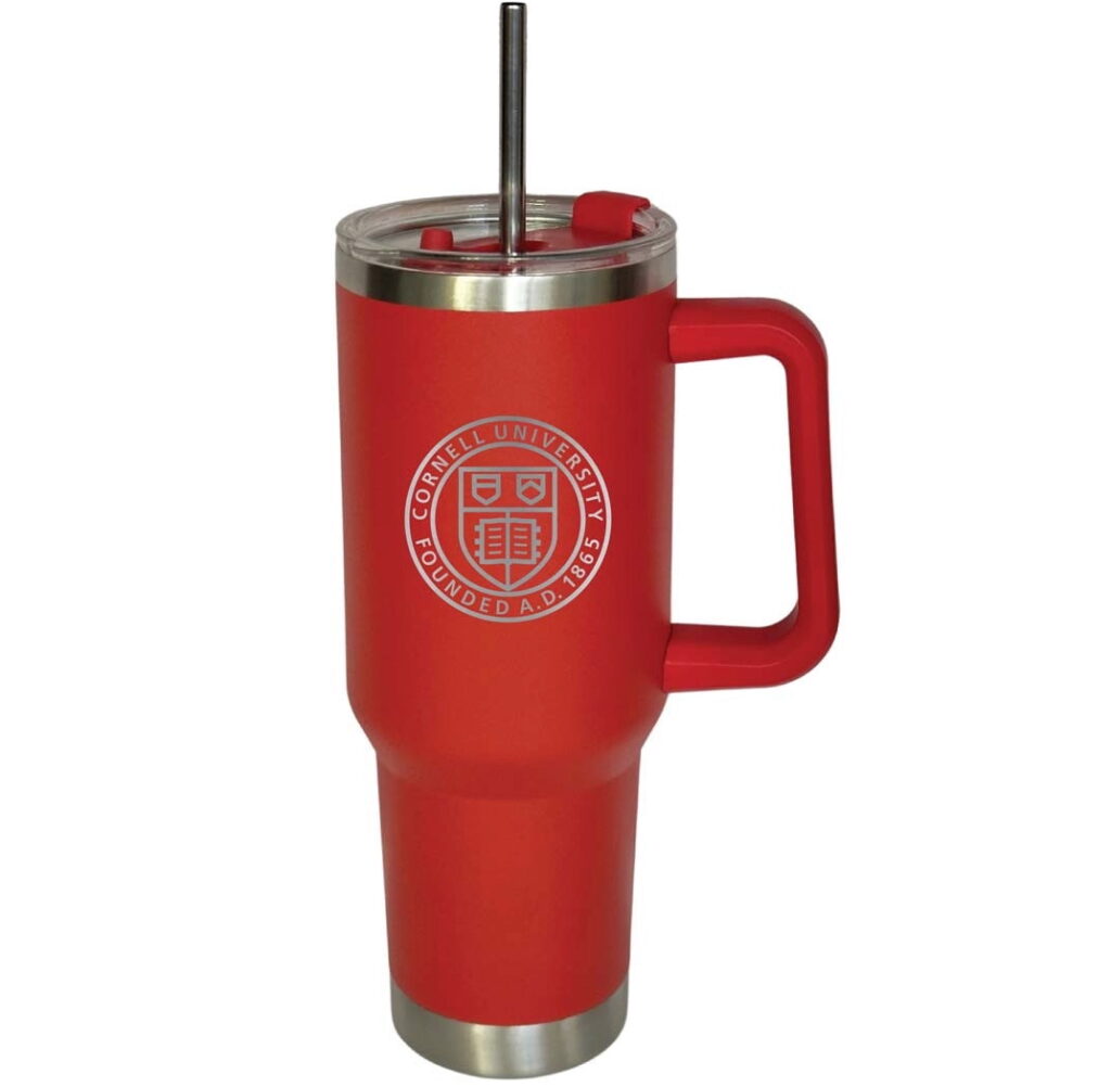 A red tumbler with a handle and reusable straw featuring the Cornell seal on it.
