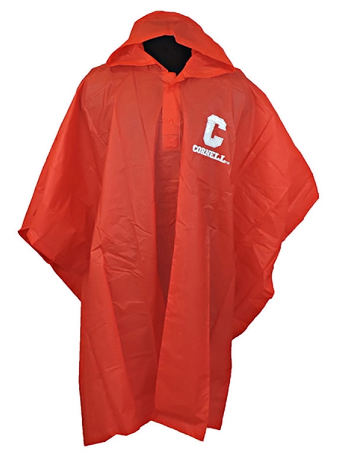 A red, hooded rain poncho with the Cornell logo on the left chest.