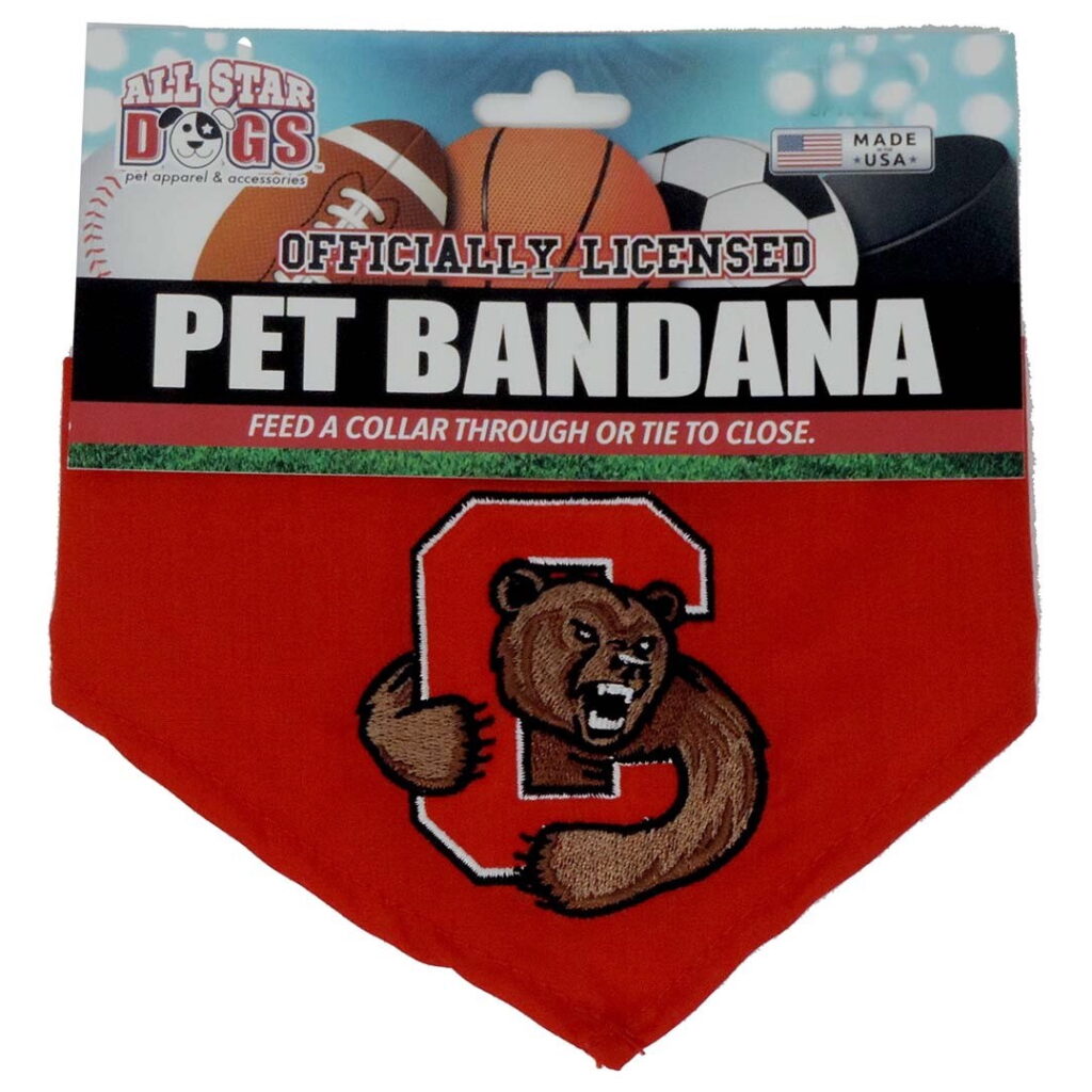 A pet bandana with the Cornel C and bear logo