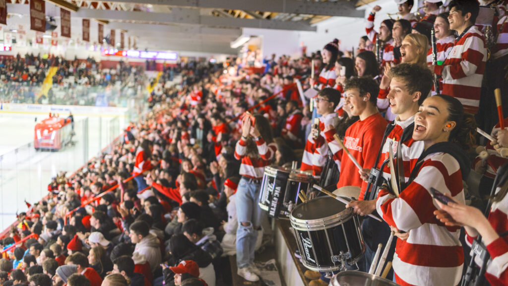 Against the backdrop of Lynah Rink filled with the Lynah Faithful, the Pep Band plays during a men’s hockey game against Harvard in January 2025.