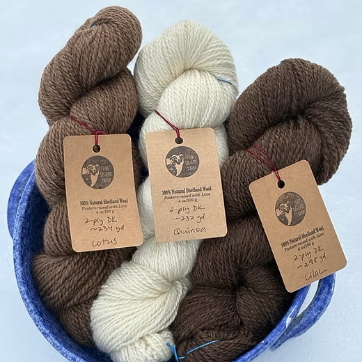 3 skeins of yarn in shades of tan and brown