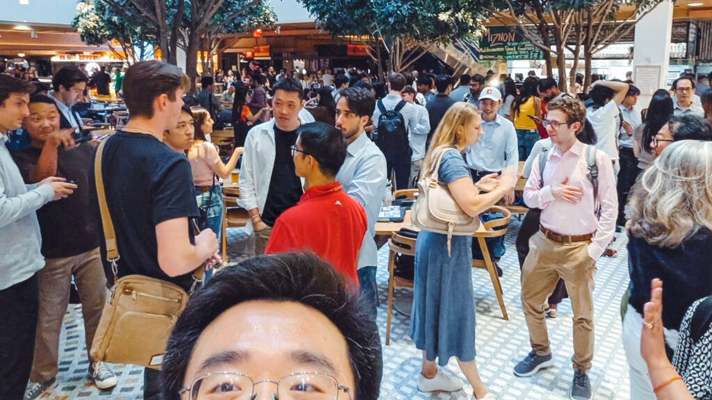 Tony Chen in a food court filled with Cornell alumni