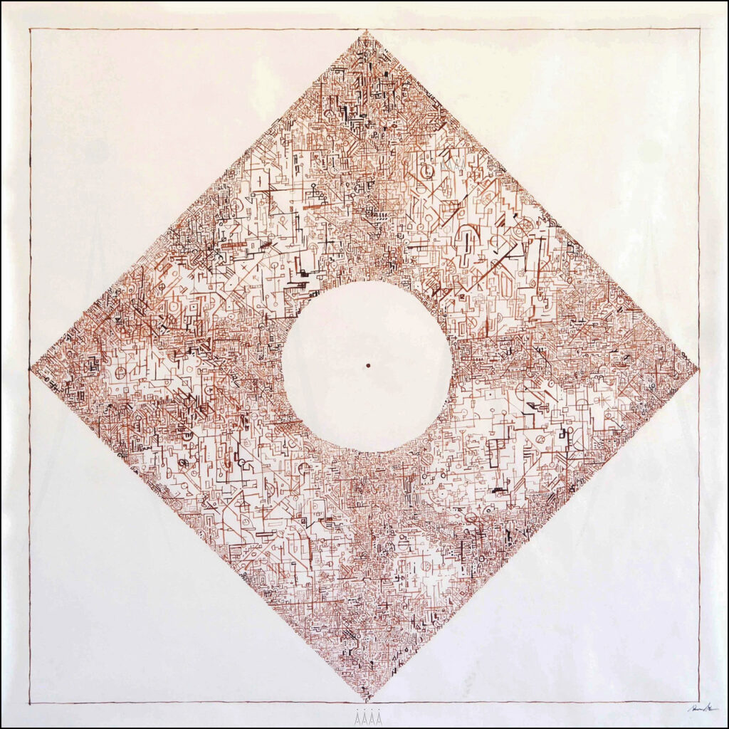 A drawing of a square with thousands of intricate details in black and red and a plain circle in the middle in white where the detailing stops.