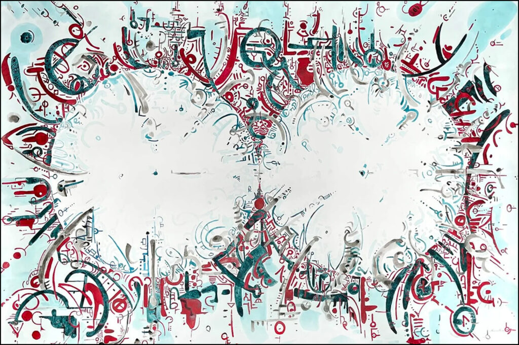 A drawing that has abstract blue and red details of different lengths and thicknesses around two white circles with less details next to each other.