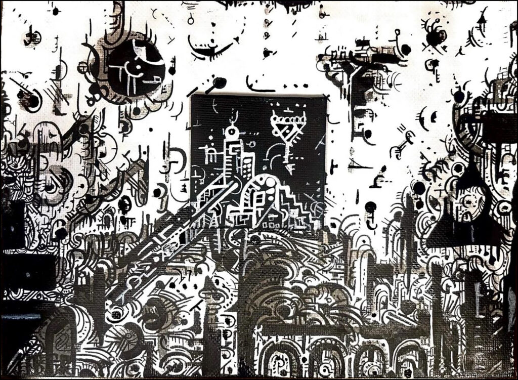 A black and white art piece with layered of detailed abstract drawings and shapes.